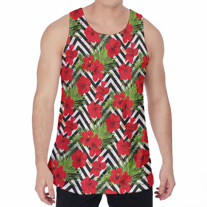 Red Hibiscus Chevron Pattern Print Men's Velvet Tank Top