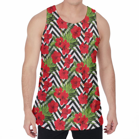 Red Hibiscus Chevron Pattern Print Men's Velvet Tank Top