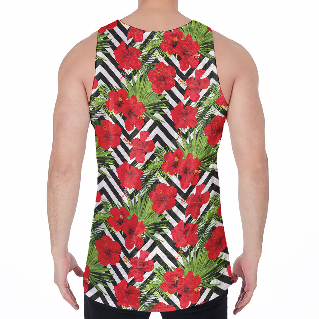 Red Hibiscus Chevron Pattern Print Men's Velvet Tank Top