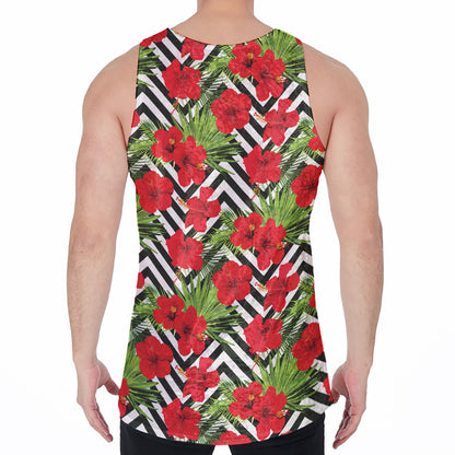 Red Hibiscus Chevron Pattern Print Men's Velvet Tank Top