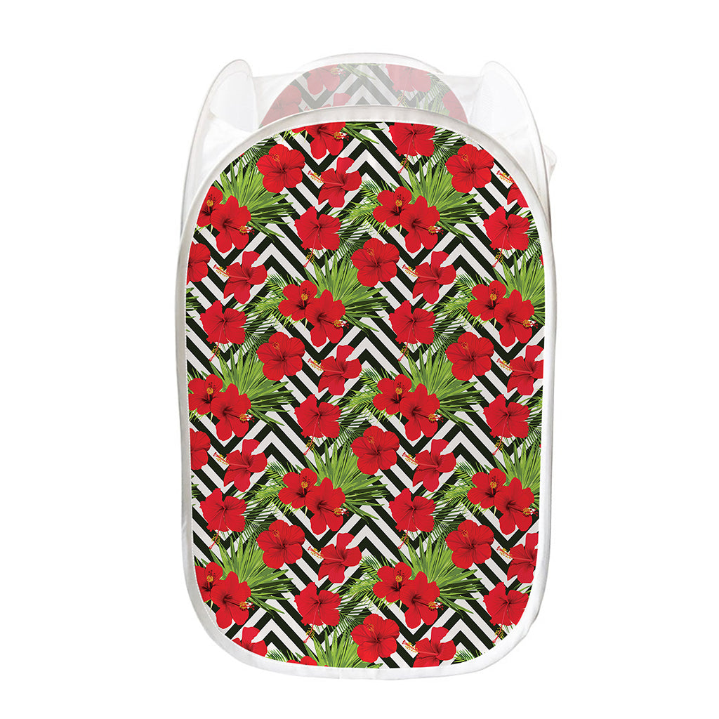 Red Hibiscus Chevron Pattern Print Mesh Laundry Hamper