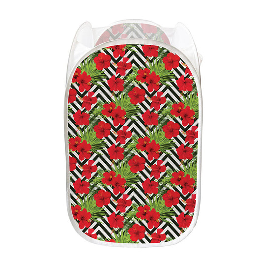 Red Hibiscus Chevron Pattern Print Mesh Laundry Hamper