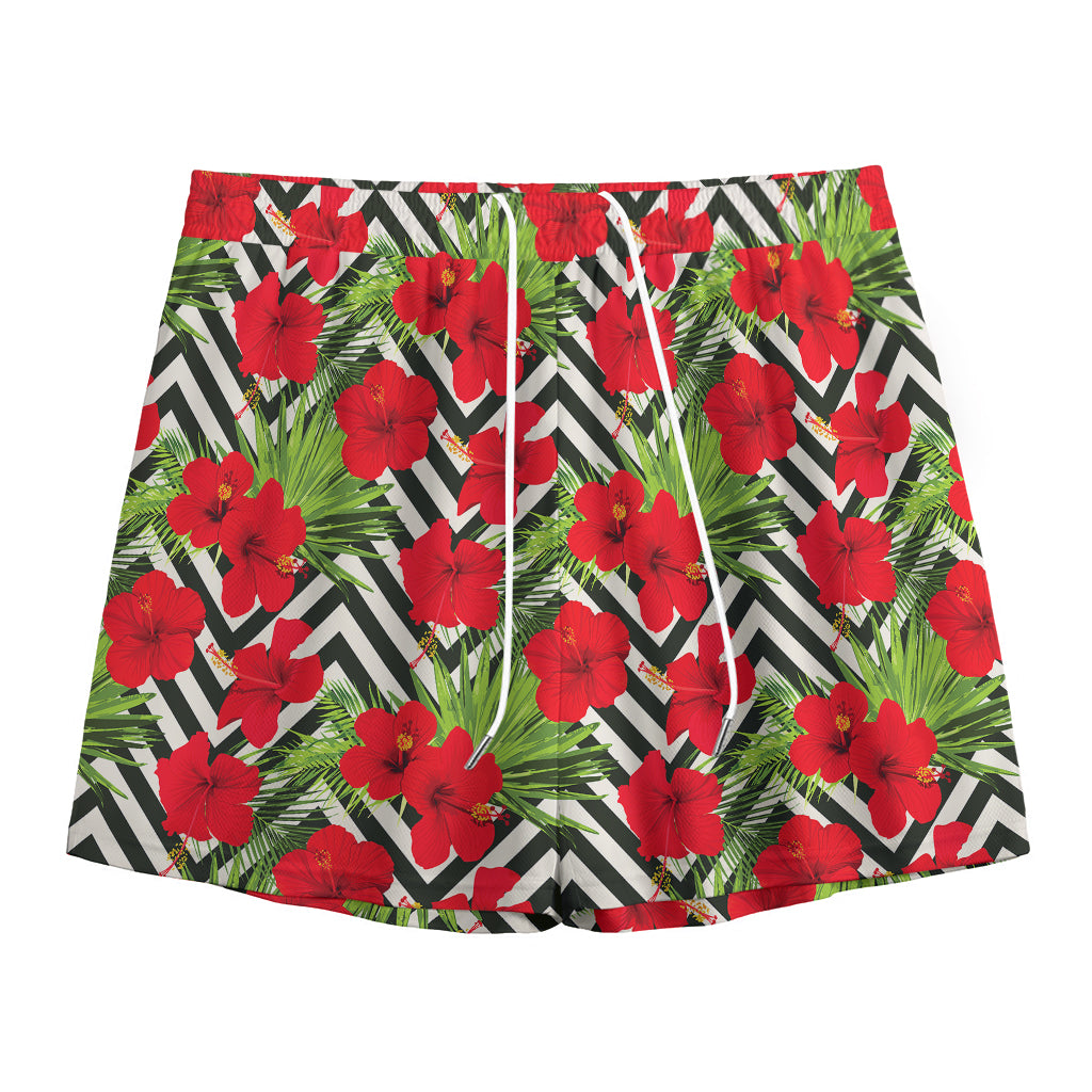 Red Hibiscus Chevron Pattern Print Mesh Shorts