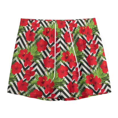 Red Hibiscus Chevron Pattern Print Mesh Shorts