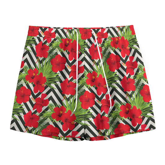 Red Hibiscus Chevron Pattern Print Mesh Shorts