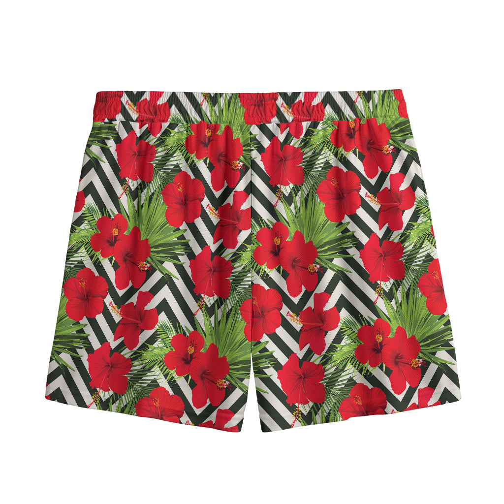Red Hibiscus Chevron Pattern Print Mesh Shorts