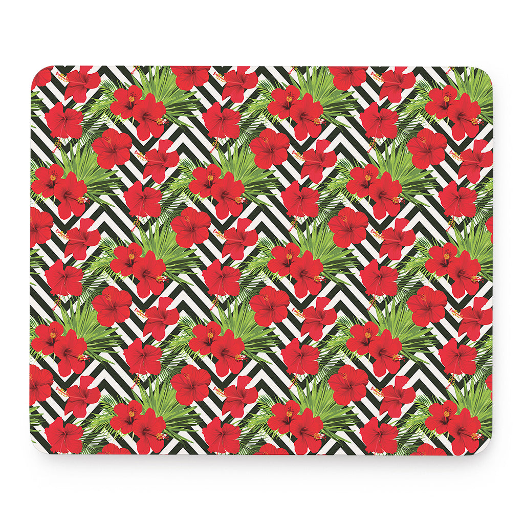 Red Hibiscus Chevron Pattern Print Mouse Pad
