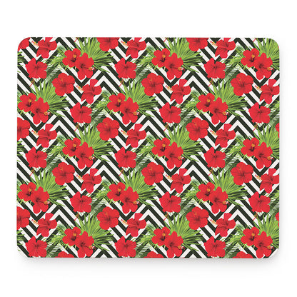 Red Hibiscus Chevron Pattern Print Mouse Pad