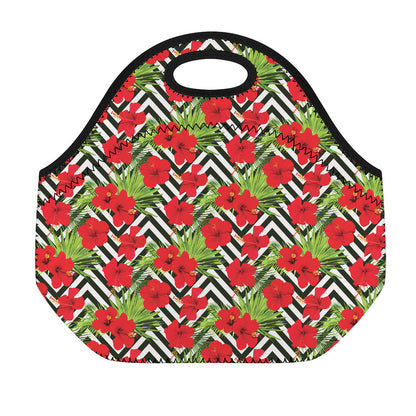 Red Hibiscus Chevron Pattern Print Neoprene Lunch Bag