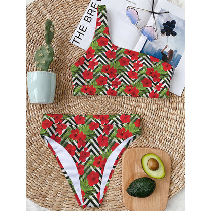 Red Hibiscus Chevron Pattern Print One Shoulder Bikini Top