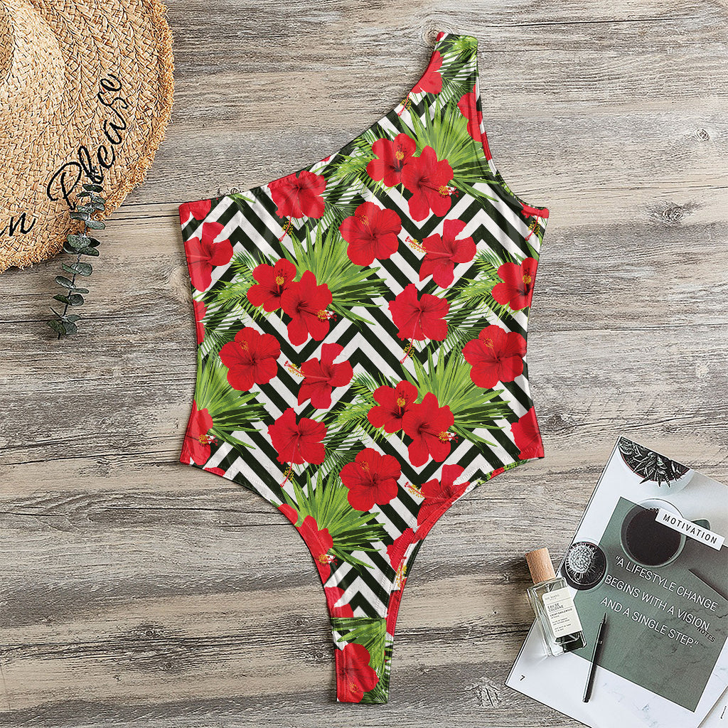 Red Hibiscus Chevron Pattern Print One Shoulder Bodysuit