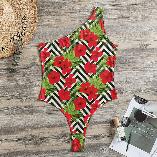 Red Hibiscus Chevron Pattern Print One Shoulder Bodysuit
