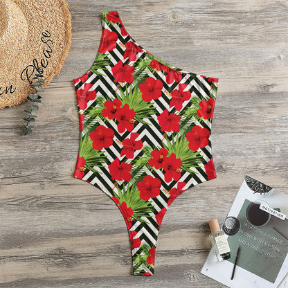 Red Hibiscus Chevron Pattern Print One Shoulder Bodysuit