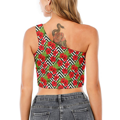 Red Hibiscus Chevron Pattern Print One Shoulder Crop Top