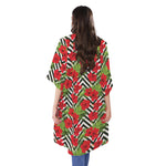 Red Hibiscus Chevron Pattern Print Open Front Beach Cover Up