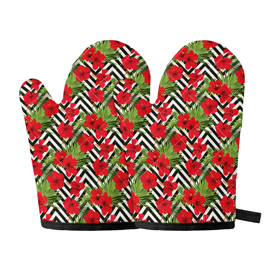 Red Hibiscus Chevron Pattern Print Oven Mitts
