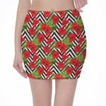 Red Hibiscus Chevron Pattern Print Pencil Mini Skirt
