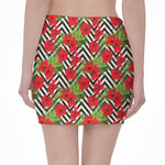 Red Hibiscus Chevron Pattern Print Pencil Mini Skirt