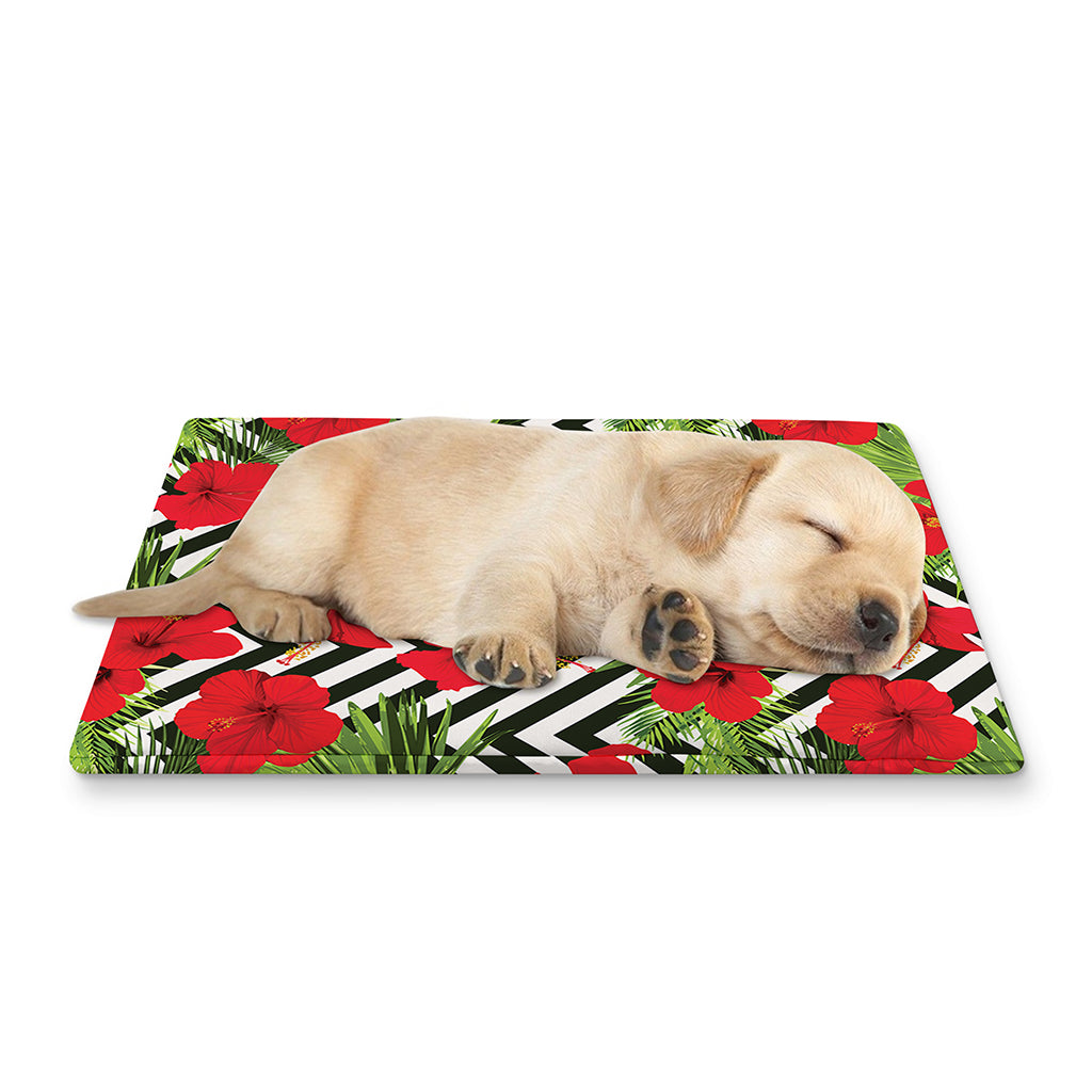 Red Hibiscus Chevron Pattern Print Pet Cooling Mat Cover