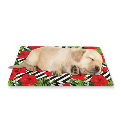 Red Hibiscus Chevron Pattern Print Pet Cooling Mat Cover