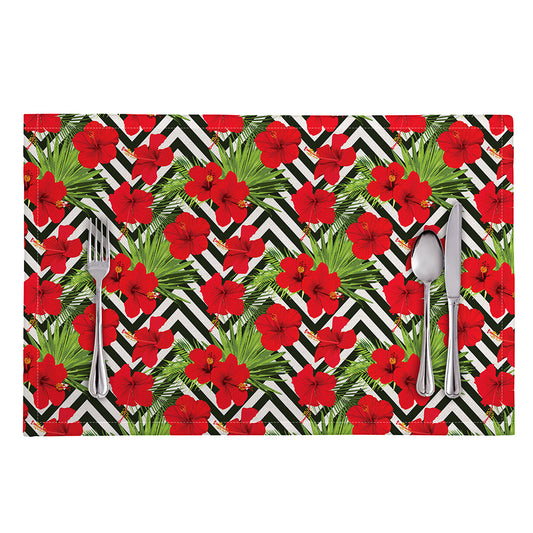 Red Hibiscus Chevron Pattern Print Placemat
