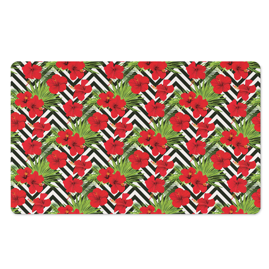 Red Hibiscus Chevron Pattern Print Polyester Doormat