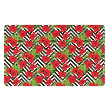Red Hibiscus Chevron Pattern Print Polyester Doormat