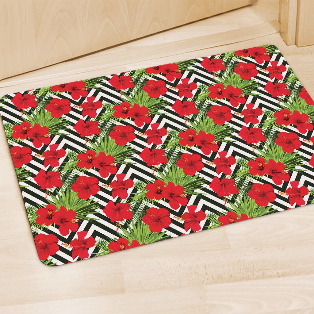 Red Hibiscus Chevron Pattern Print Polyester Doormat