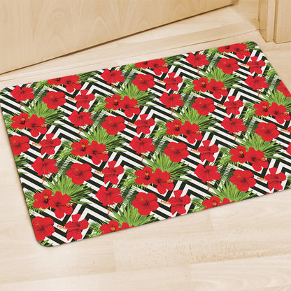Red Hibiscus Chevron Pattern Print Polyester Doormat