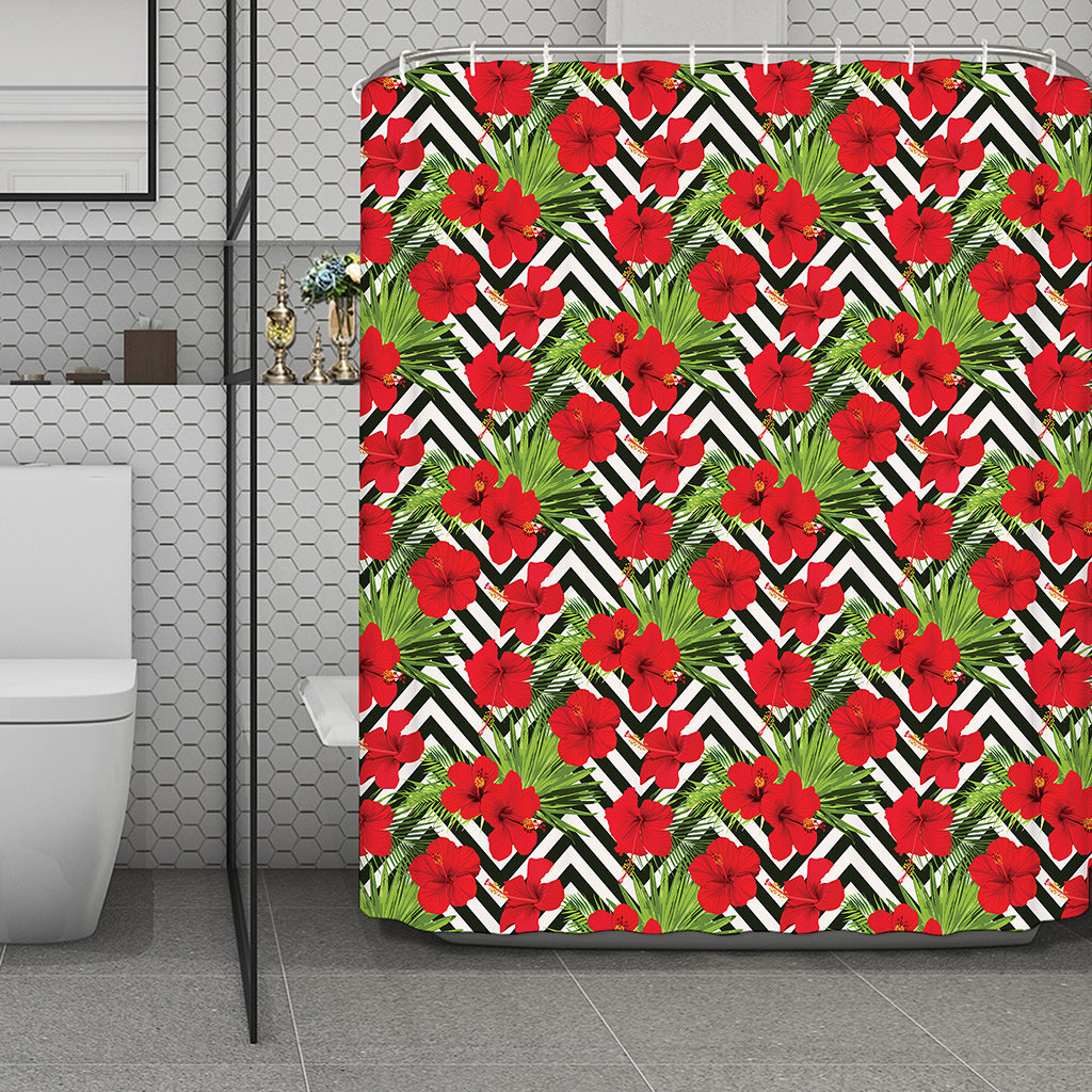 Red Hibiscus Chevron Pattern Print Polyester Shower Curtain
