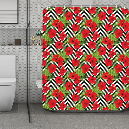 Red Hibiscus Chevron Pattern Print Polyester Shower Curtain