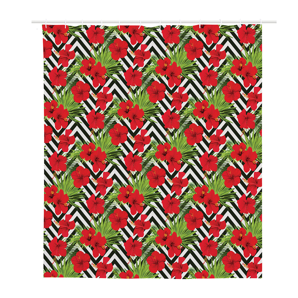 Red Hibiscus Chevron Pattern Print Polyester Shower Curtain