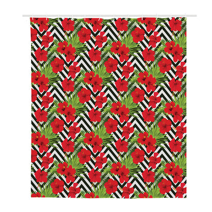 Red Hibiscus Chevron Pattern Print Polyester Shower Curtain