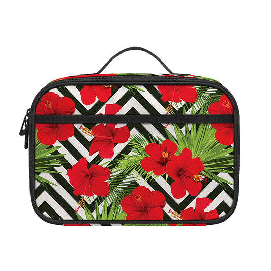 Red Hibiscus Chevron Pattern Print Portable Lunch Bag