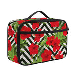 Red Hibiscus Chevron Pattern Print Portable Lunch Bag