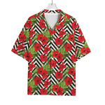 Red Hibiscus Chevron Pattern Print Rayon Hawaiian Shirt