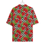 Red Hibiscus Chevron Pattern Print Rayon Hawaiian Shirt