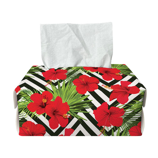 Red Hibiscus Chevron Pattern Print Rectangle Tissue Box Cover