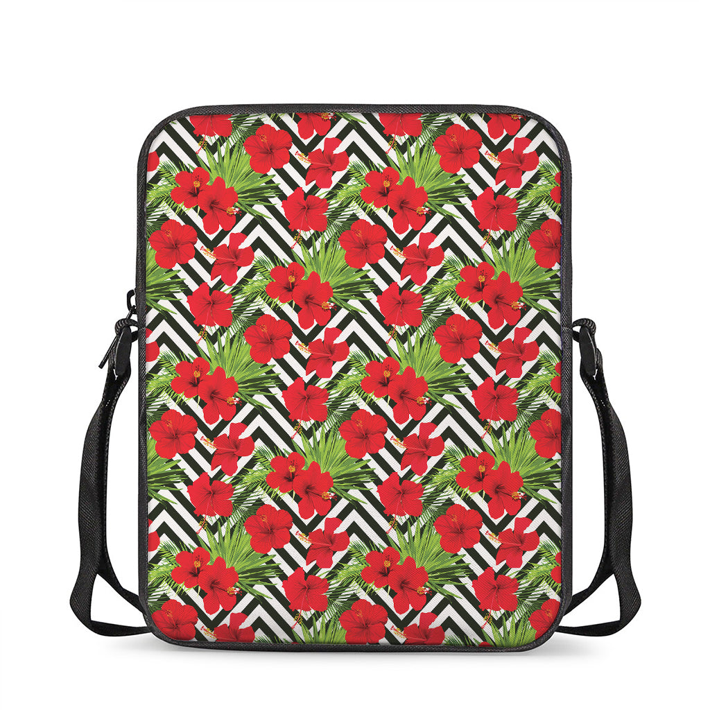 Red Hibiscus Chevron Pattern Print Rectangular Crossbody Bag