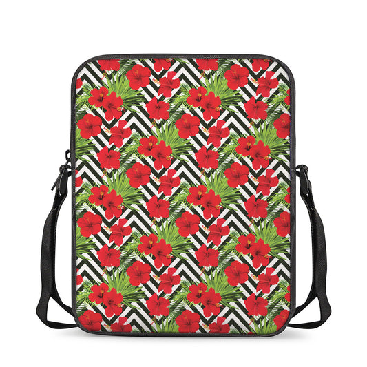 Red Hibiscus Chevron Pattern Print Rectangular Crossbody Bag