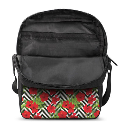 Red Hibiscus Chevron Pattern Print Rectangular Crossbody Bag