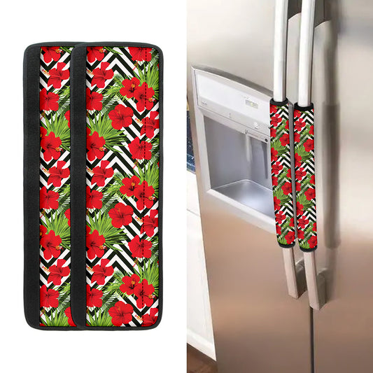 Red Hibiscus Chevron Pattern Print Refrigerator Handle Covers