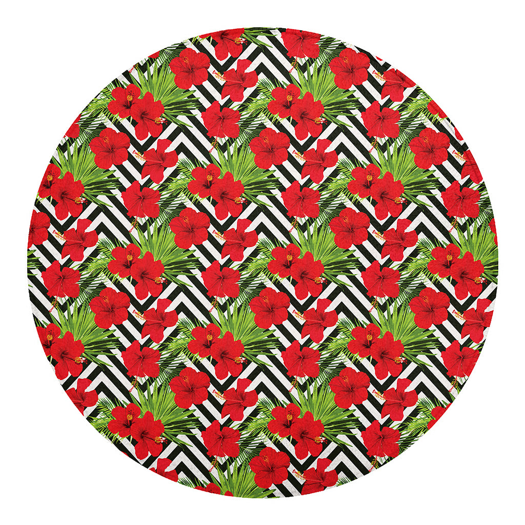 Red Hibiscus Chevron Pattern Print Round Blanket