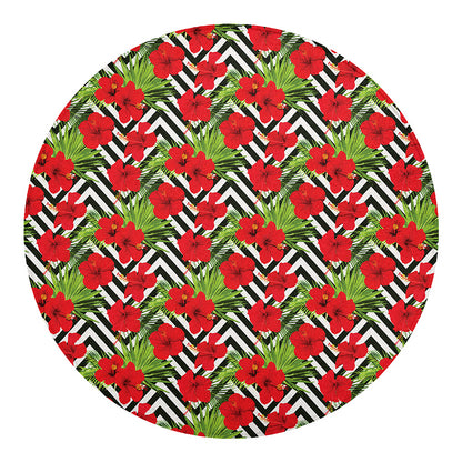 Red Hibiscus Chevron Pattern Print Round Blanket