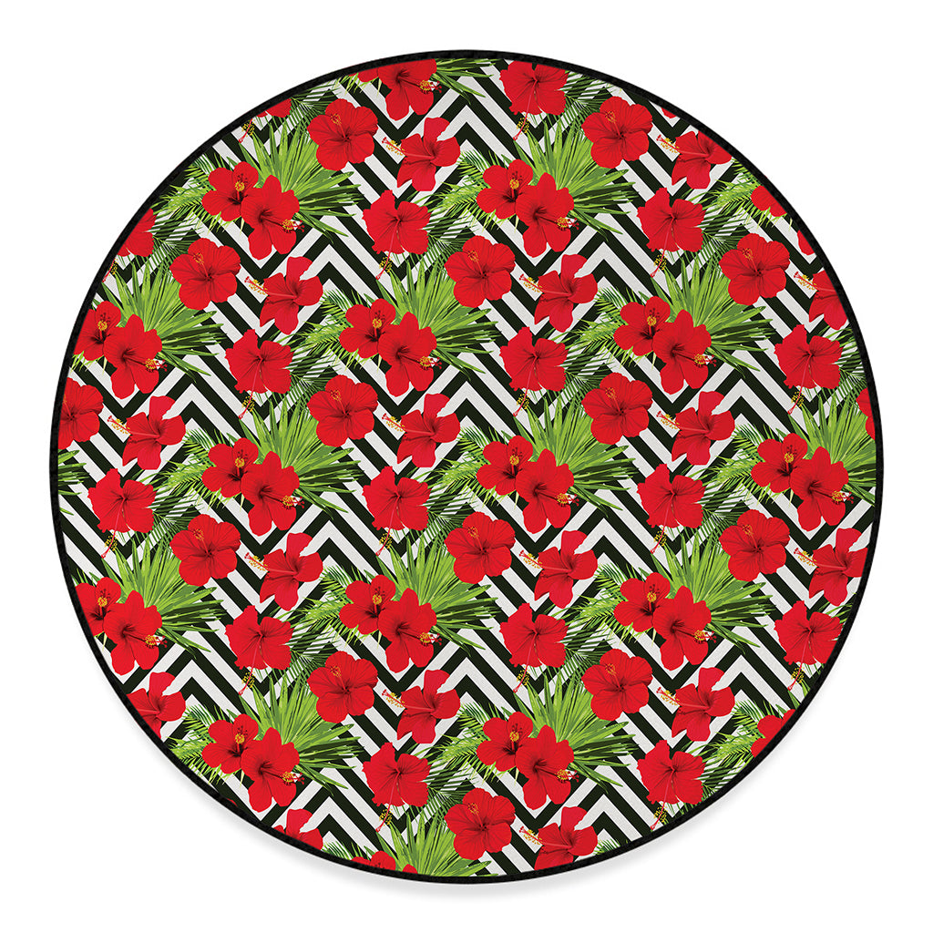 Red Hibiscus Chevron Pattern Print Round Floor Mat