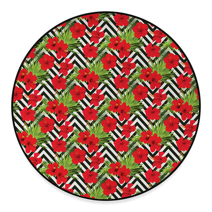 Red Hibiscus Chevron Pattern Print Round Floor Mat