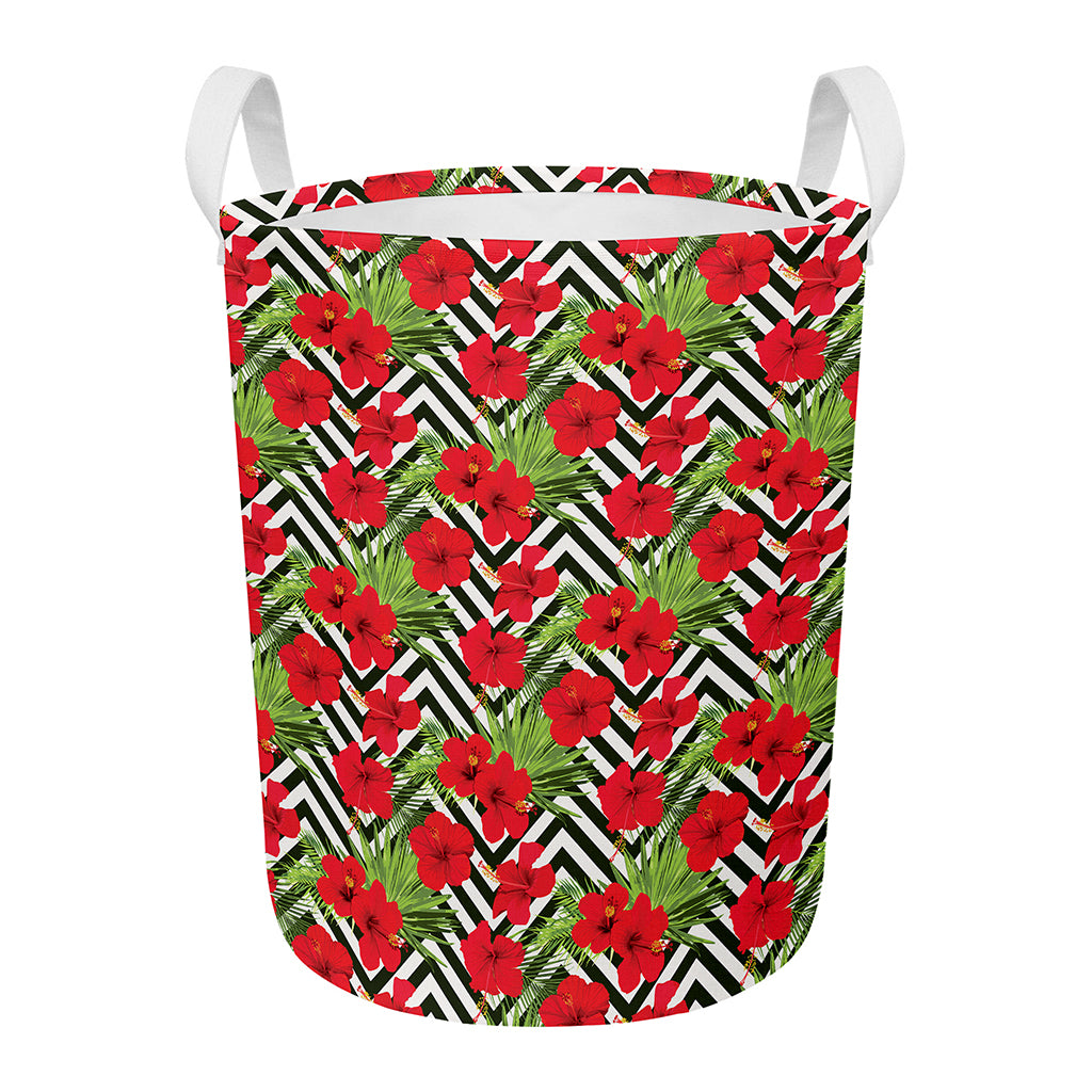 Red Hibiscus Chevron Pattern Print Round Laundry Basket