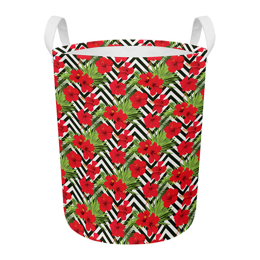 Red Hibiscus Chevron Pattern Print Round Laundry Basket