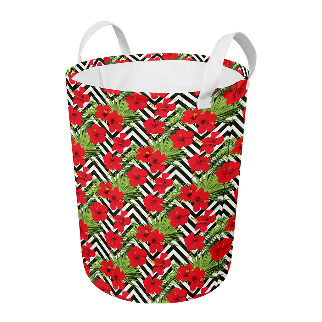 Red Hibiscus Chevron Pattern Print Round Laundry Basket