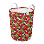 Red Hibiscus Chevron Pattern Print Round Laundry Basket